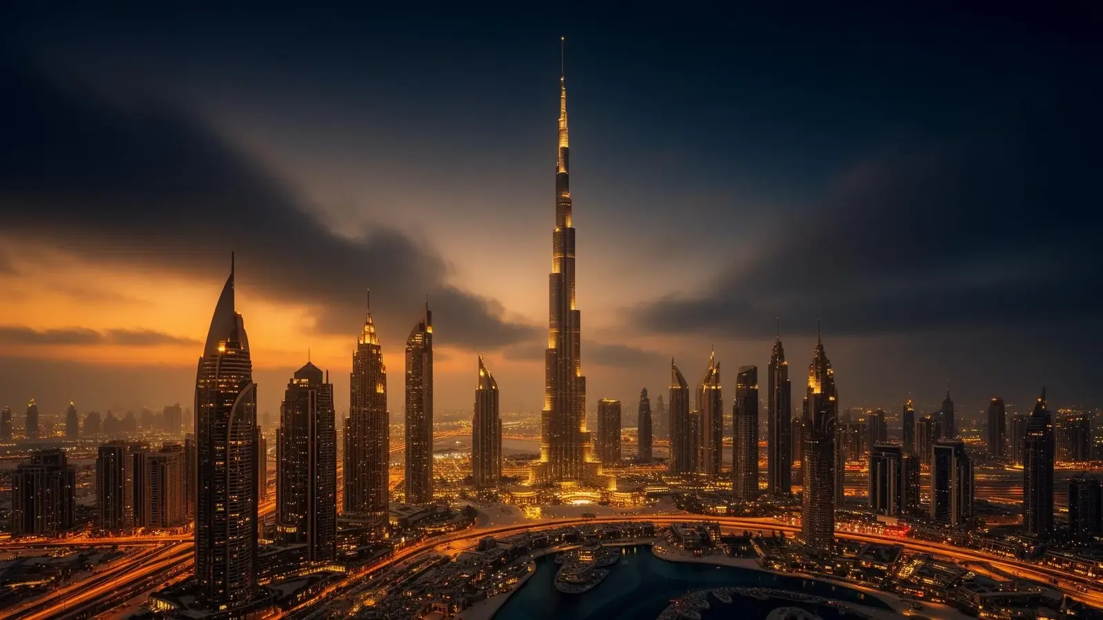 Le Burj Khalifa et la skyline de Dubaï au crépuscule